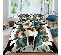 SHOVERKD Fiori di teschio di mucca Set Di Biancheria Da Letto Per 3 Pezzi Con Stampa 3D Floral Grassland Animal Incluso Copripiumino Con 2 Federe in Microfibra Morbida E Leggera King（220x240cm）