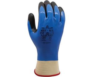 SHOWA 477L poliestere tessuto Träger Nylon guanti multiuso, acrilico foderate, interno completo rivestimento in nitrile, oltre schiuma nitrile su palmo, L, Blu