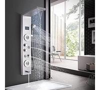 Shower Faucet Kit, Bathroom Shower Panel Tower System LED Temperature Display Body Massage Jets Shower Set Waterfall Rain Shower Head 6 Functions Temperature Display-Brush(Brushed Nickel a)
