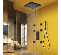 Shower Faucet Kit, Black Thermostatic Shower Faucets Kit Brass Shower Head 6pcs Massage Spa Jets 3-Way Thermostatic Mixer Tap Bath Shower(10 inch Full Set)