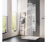 Shower Panel Tower System, Stainless Steel Bathroom Shower System, Hydraulic LED Hydro Massage, Temperature Display Shower Panel with Round Overhead Showerhead, Brushed Silver