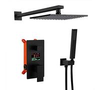 Shower Set Black Brass Wall Mounted LED Digital Display Bathroom Rain Mixer Shower Set with 10-12 inch Square Rainfall Shower Head And Handheld Shower, Luxury Shower System,12 inch