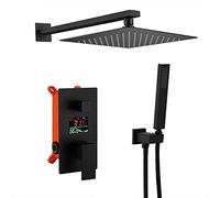 Shower Set Black Wall Mounted LED Digital Display Bathroom Rain Mixer Shower Set with 10-12 inch Square Rainfall Shower Head And Handheld Shower, Luxury Shower System,10 inch