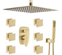 Shower System, Bathroom Body Brass Brushed Gold 10-12 inch Ceiling Rainfall Shower Faucet System with 6 PCS Body Sprays Jets Mixer Set, Luxury Shower Set,10 inch