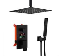 Shower System Black Ceiling Mounted LED Digital Display Bathroom Rain Mixer Shower Set with 10-12 inch Square Rainfall Shower Head And Handheld Shower, Luxury Shower Set,12 inch