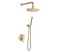 Shower System, Brass Concealed Shower Set Wall Mounted Brushed Gold Shower Faucet Set with 8-12" Round Brass Top Spray Rainfall Showerhead And Handheld Shower, Luxury Shower Set,8 inch