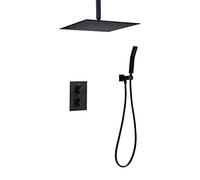 Shower System, Ceiling Mount Shower Set Ceramic Valve Bath Shower Mixer Taps Two Handles Three Holes 10-16" Shower Head Combo with Handheld Spray, Black Luxury Shower Set (16 inch)