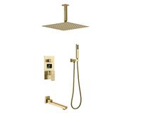 Shower System, Ceiling Mounted Digital Display LED Brushed Gold Bathroom Rain Mixer Shower Set with 10-12 inch Square Rainfall Shower Head And Tub Taps, Luxury Shower Set,10 inch