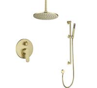 Shower System, Concealed Ceiling Bathroom Brass Round 8-12 inch Brushed Gold Rainfall Shower Faucet System with Slide Bar Set, Luxury Shower Set,8 inch