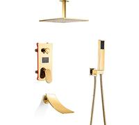 Shower System Gold Digital Display Bathroom Shower Faucet Set with Waterfall Tub Spout, Ceiling Mounted Shower Combo Set Brass Mixer Shower with Shower Head, Handheld SHO