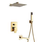 Shower System, Gold Luxury Mixer Shower Faucet Set Concealed Mounted Single Handle Shower Combo Set with Square Shower Head, Tub Spout And Handheld Shower,8 inch (8 inch)