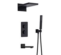 Shower System, Intelligent Constant Temperature Black Brass Concealed Shower Set Into The Wall Type Booster Nozzle Waterfall Shower with Handheld Shower, Luxury Shower Set,B