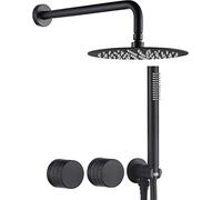 Shower System Matte Black Wall Mounted Brass 10-12 inch Round Rain Shower Head Bathroom Rain Mixer Shower Set with Handheld Shower Spray Together, Luxury Shower Set,12 inch