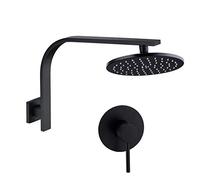 Shower System, Solid Brass Black Bath Shower Set Bathroom Gooseneck Shower Arm 8-12 inch Round Rain Shower Head One Way Mixer Set, Wall Luxury Shower Set,10 inch