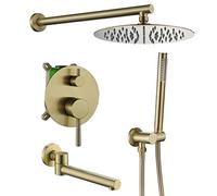 Shower System, Wall Mounted Brushed Gold Bathroom Rain Mixer Shower Taps Set with 8-12" Stainless Steel Round Rainfall Shower Head And Handheld Shower And Tub Taps, Luxury Shower Set,10 inch