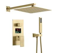 Shower System, Wall Mounted Conceal Digital Display LED Brushed Gold Bathroom Rain Mixer Shower Set with 10-12 inch Square Rainfall Shower Head Luxury Shower Set,10 inch