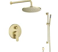 Shower System, Wall Mounted Concealed Bathroom Brass Round 8-12 inch Brushed Gold Rainfall Shower Faucet System with Slide Bar Set, Luxury Shower Set,12 inch