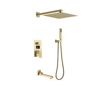 Shower System, Wall Mounted Digital Display LED Brushed Gold Bathroom Rain Mixer Shower Set with 10-12 inch Square Rainfall Shower Head And Tub Taps, Luxury Shower Set,12 inch