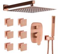 Shower System, Wall Mounted Mount Bathroom 10-12 inch Stainless Steel Rainfall Shower Faucet System with 6 PCS Body Sprays Jets Mixer Set, Brushed Rose Gold Luxury Shower Set,10 inch