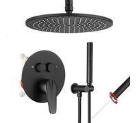 Shower Systems Brass Ceiling Mounted Push Button Diverter Luxury Shower Set with 2 in 1 Handheld, 10 Inches Brass Rainfall Shower Head, Luxury Shower Set,Matte Black