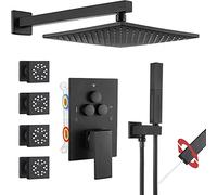 Shower Systems Brass Wall Mount Push Button Diverter Shower Set with 2 in 1 Handheld, 10 inch Rain Shower Head with 4 PCS Body Jets Luxury Shower Set,Matte Black