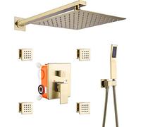 Shower Systems Brass Wall Mounted Body Jets Mixer Set Brushed Gold with 10-12 inch Rain Shower Head with Handheld Spray And Body Sprayers, Luxury Shower Set,12 inch