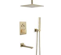 Shower Systems, Brushed Gold Brass Concealed Thermostatic Ceiling Mounted Bathroom Shower Faucet Set with 10-12" Square Rainfall Shower Head And Handheld Tub Taps, Luxury Shower Set,10 inch