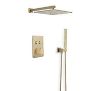 Shower Systems, Brushed Gold Brass Concealed Thermostatic Wall Mounted Bathroom Rain Mixer Shower Set with 10-12" Square Rainfall Shower Head And Handheld Shower, Luxury Shower Set,12 inch
