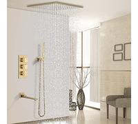 Shower Systems, Thermostatic Brushed Gold Brass Ceiling Mounted Bathroom Shower Faucet Set with 10-12" Square Rainfall Shower Head And Handheld Tub Taps, Luxury Shower Set,10 inch