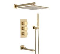 Shower Systems, Thermostatic Brushed Gold Brass Wall Mounted Bathroom Shower Faucet Set with 10-12inch Square Rainfall Shower Head And Handheld Tub Taps, Luxury Shower Set,12 inch