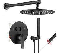 Shower Systems Wall Mounted Brass Push Button Diverter Shower Taps Set Fixtures with 2 in 1 Handheld, 10 Inches Rain Shower Head Luxury Shower Set,Matte Black