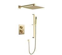 Shower Systems, Wall Mounted Thermostatic Brushed Gold Bathroom Rain Mixer Shower Set with 10-12" Square Rainfall Shower Head And Adjustable Height Slide Bar, Luxury Shower Set,10 inch
