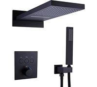 Shower Systems Wall Mounted Thermostatic Push Button Shower Valve 20x11 inch Rectangular Dual Function Rainfall Shower Head with Handheld Sprayer, Luxury Shower Set,Matte Black