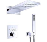 Shower Systems Wall Mounted Thermostatic Push Button Shower Valve 20x11 inch Rectangular Dual Function Rainfall Shower Head with Handheld Sprayer, Luxury Shower Set,Chorme