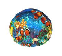 Shower The Underwater World, cuffia per capelli da donna, con stampa di pesci tropicali, riutilizzabile, impermeabile, a doppio strato, con fascia elastica, taglia unica