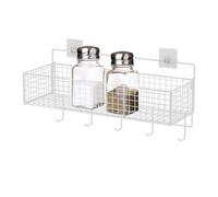 Shower Wall Organizer - Adhesive Bathroom Shelf With 8 Hooks | Storage Organizer Shelf For Bathroom | Heavy Duty Wire Storage Bin For Cabinet, Closet, Kitchen, Laundry Room | Basket Wall Rack