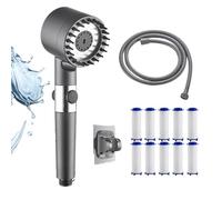 ShowerBlast - Set doccia filtrato ad alta pressione con tubo flessibile in acciaio inossidabile da 60/89", 10 filtri in cotone, regolazione con un pulsante, grigio (150 cm)