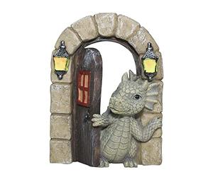 SHOWFEICAT Statua ornamentale da giardino a forma di drago in resina, decorazione per esterni e giardino, luce solare luminosa, porta aperta, decorazione per esterni (porta aperta)