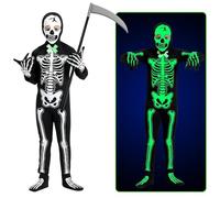 SHOWHEEL Costume da Mietitore di Anime per Halloween, Costume da Scheletro per Bambini, Costume da Zombie Luminoso con Falce e Guanti (M)