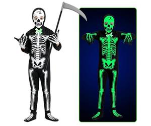 SHOWHEEL Costume da Mietitore di Anime per Halloween, Costume da Scheletro per Bambini, Costume da Zombie Luminoso con Falce e Guanti (M)