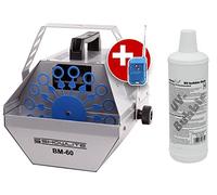 Showlite BM-60 Macchina per Bolle di Sapone 60W con Telecomando Wireless e Fluido UV Eurolite giallo 1L (serbatoio 0,6l, durata 2-3 ore a serbatoio pieno, effetto festa, bolle da discoteca)