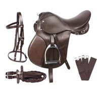 SHOWMEN CRAFT Sella da cavallo inglese per principianti in pelle marrone TACK Set briglie REINE sottopancia staffe ferri