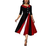 shownicer Abiti Rockabilly Donna Manica a 3/4 Scollo a V Manica Lunga Midi Abiti da Festa per Matrimonio Abito da Cocktail Vintage con Tasche A Rosso XXL