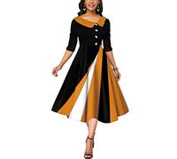 shownicer Abiti Rockabilly Donna Manica a 3/4 Scollo a V Manica Lunga Midi Abiti da Festa per Matrimonio Abito da Cocktail Vintage con Tasche A Giallo 3XL