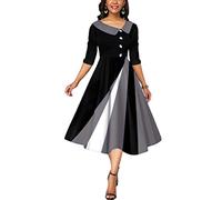 shownicer Abiti Rockabilly Donna Manica a 3/4 Scollo a V Manica Lunga Midi Abiti da Festa per Matrimonio Abito da Cocktail Vintage con Tasche A Grigio M