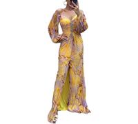 shownicer Abito da Cerimonia Donna Vestito Lungo Sexy Manica Lunga Scollo a V Abito Elegante Vita Alta Vestito Stampato Maxi Dress da Cocktail Sera C Giallo XL