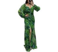 shownicer Abito da Cerimonia Donna Vestito Lungo Sexy Manica Lunga Scollo a V Abito Elegante Vita Alta Vestito Stampato Maxi Dress da Cocktail Sera C Verde XL