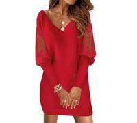 shownicer Abito in Pizzo Trasparente Patchwork Donna Mini Vestiti Elegante Scollo a V Manica Lunga Abito Mini da Cocktail Casual Autunno Inverno A Rosso M