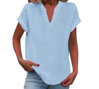 shownicer Camicia Donna Elegante Estiva Manica Corta Camicetta in Lino Cotone Scollo a V Camicia Eleganti Curvy Blusa Magliette Tshirt A Bleu Clair XXL