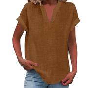 shownicer Camicia Donna Elegante Estiva Manica Corta Camicetta in Lino Cotone Scollo a V Camicia Eleganti Curvy Blusa Magliette Tshirt A Café M